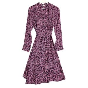 Nanette Lepore Floral Print Button Front Midi Dress Navy Pink Long Sleeve